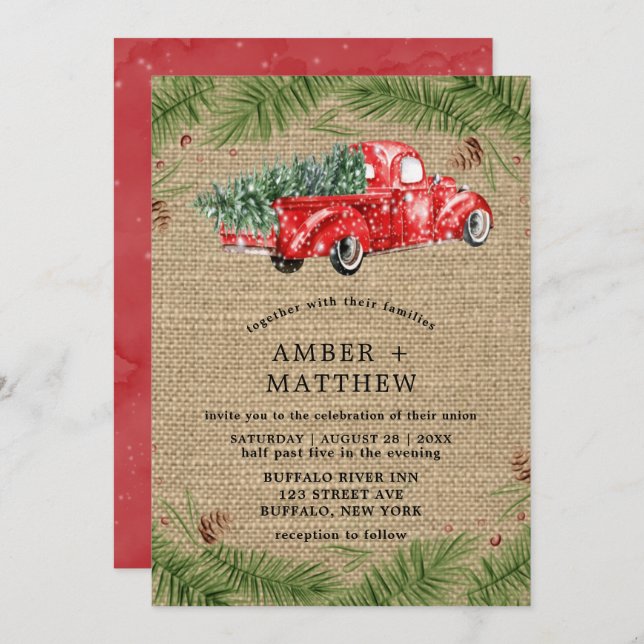 Vintage Red Truck Snow Burlap Wedding Invitations (Front/Back)