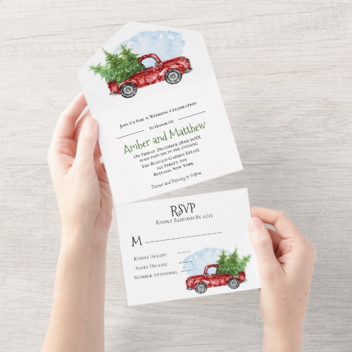 Vintage Red Truck Snow Christmas Wedding  All In O All In One Invitation