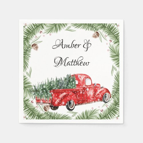 Vintage Red Truck Snow Christmas Wedding  Napkins