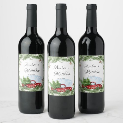 Vintage Red Truck Snow Christmas Wedding Wine Label