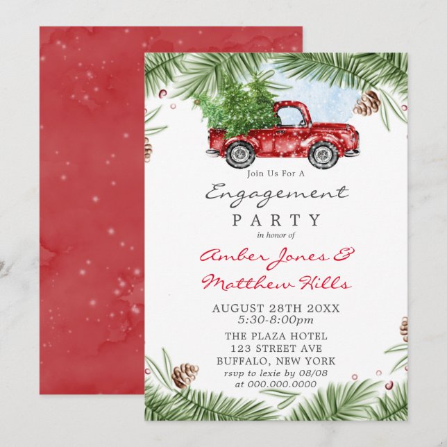 Vintage Red Truck Snow Engagement Party  Invitation (Front/Back)