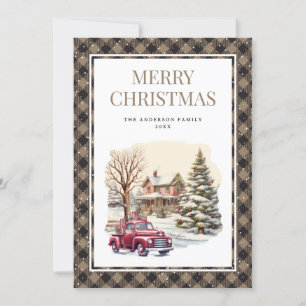 Vintage Red Truck Snow Plaid Merry Christmas Card