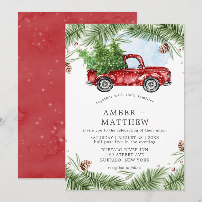 Vintage Red Truck Snow Wedding Invitations (Front/Back)