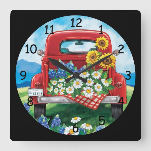 Vintage Red Truck Square Wall Clock (Front)