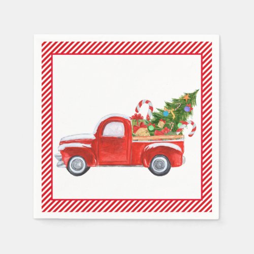 Vintage Red Truck Stripes Merry Christmas Holiday Napkins