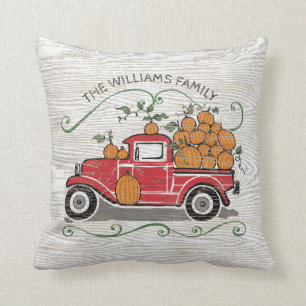 Vintage Red Truck Sunflower Family Name Rustic Throw Pillow
