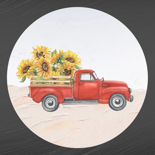 Vintage Red Truck Sunflowers  Classic Round Sticker