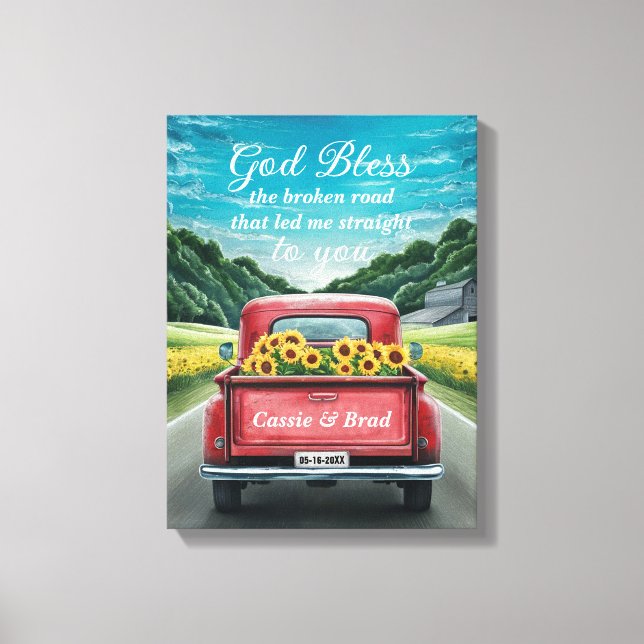 Vintage Red Truck Sunflowers Romantic Anniversary Canvas Print (Front)