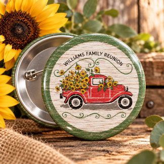Vintage Red Truck Sunflowers Rustic Family Reunion Button