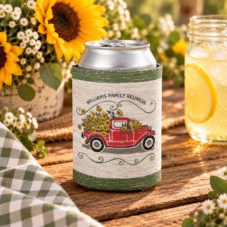 Vintage Red Truck Sunflowers Rustic Family Reunion Can Cooler