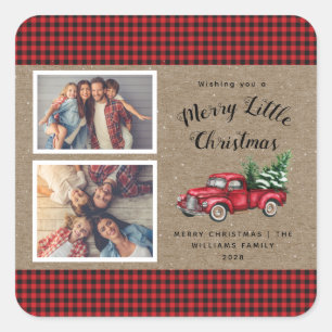 Vintage Red Truck Tree 2 Photo Christmas  Square Sticker