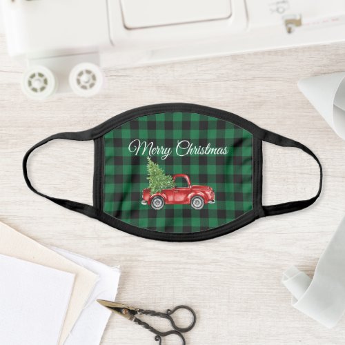 Vintage Red Truck Tree Christmas Green Plaid Face Mask