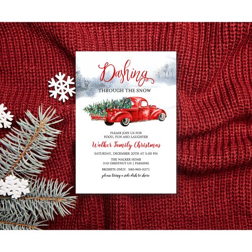 Vintage Red Truck Tree Christmas Invitation