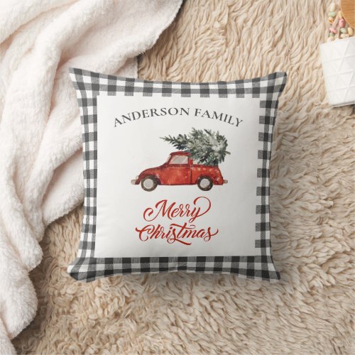 Vintage Red Truck Tree Christmas Throw Pillow