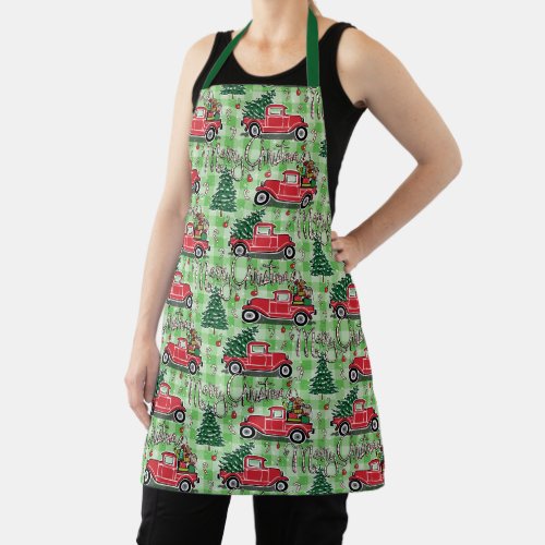 Vintage Red Truck Tree Gift Merry Christmas Script Apron