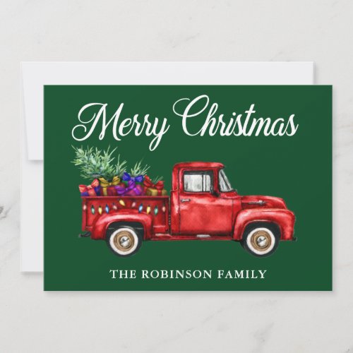 Vintage Red Truck Tree Gifts Christmas Family Name Holiday Card
