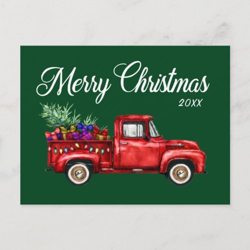 Vintage Red Truck Tree Gifts Merry Christmas Year Postcard