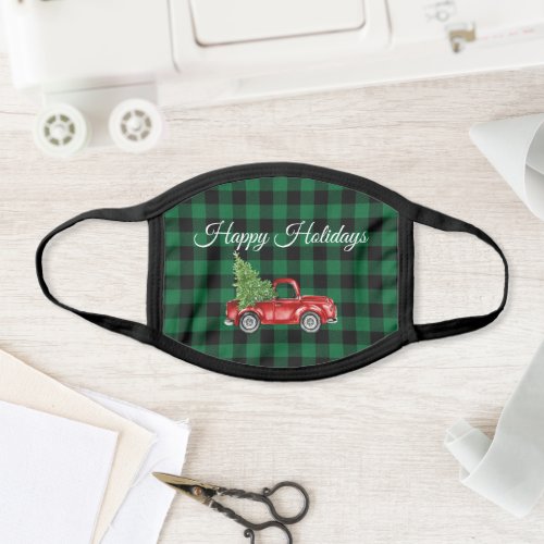 Vintage Red Truck Tree Holiday Green Plaid Face Mask