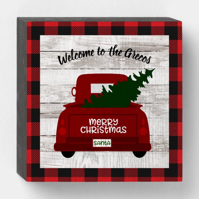 Vintage Red Truck & Tree Personalized Wood Sign (Front Horizontal)