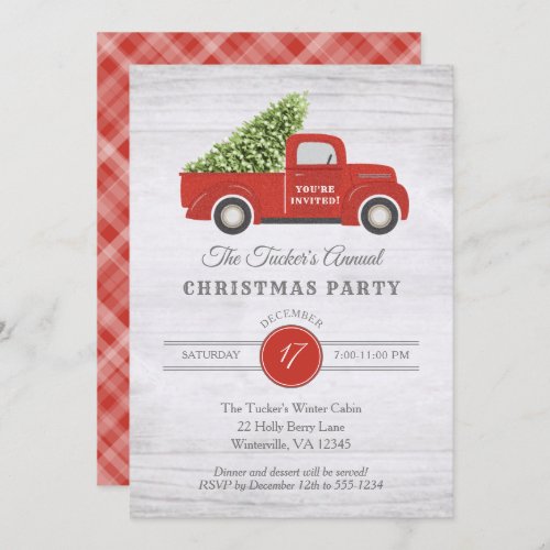 Vintage Red Truck  Tree Plaid Christmas Party Inv Invitation