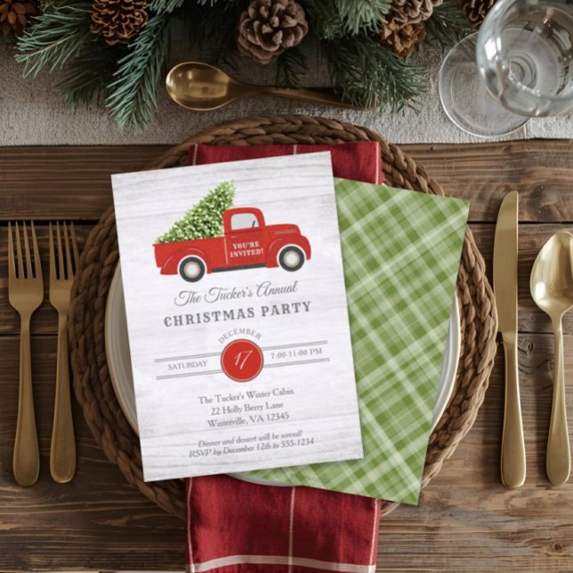 Vintage Red Truck & Tree Plaid Christmas Party Invitation (Creator Uploaded)