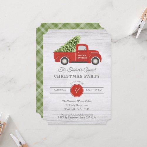 Vintage Red Truck  Tree Plaid Christmas Party Invitation