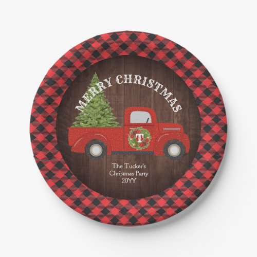 Vintage Red Truck Tree Rustic Christmas Party Paper Plates