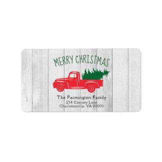 Vintage Red Truck & Tree White Wood Gift Tag