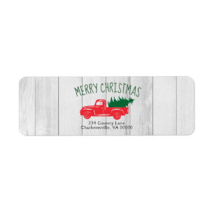 Vintage Red Truck Tree White Wood Return Address Label