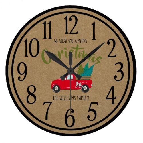 Vintage Red Truck &amp; Trees Festive Christmas Large Clock