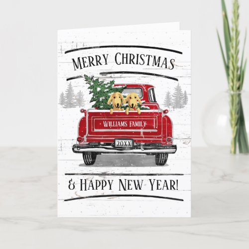 Vintage Red Truck Two Dogs Christmas Tree Family Holiday Card
