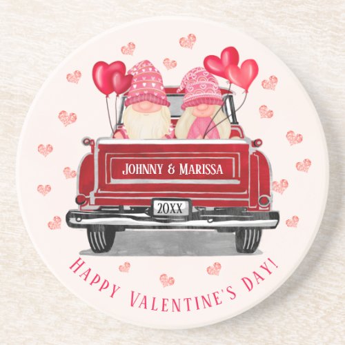 Vintage Red Truck Valentine Couple Pink Hearts Coaster