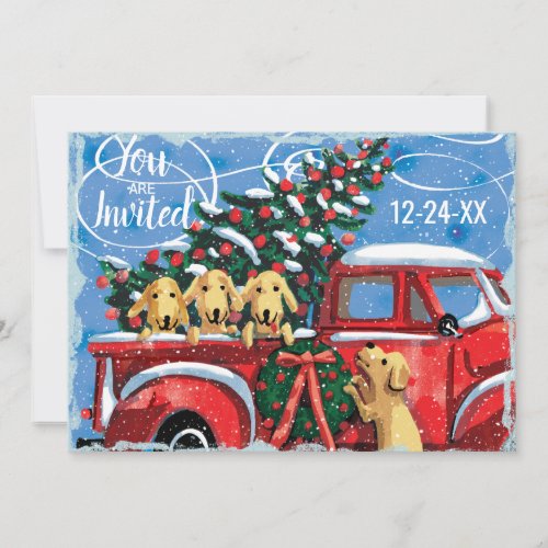 Vintage Red Truck w Dogs Family Christmas Party Invitation