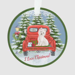 Vintage Red Truck Westie Snow Trees Family Name Ornament