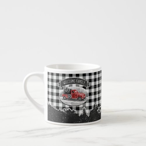 Vintage Red Truck White Buffalo Plaid Name Holiday Espresso Cup