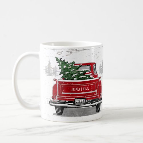 Vintage Red Truck with Christmas Tree Add Name Coffee Mug
