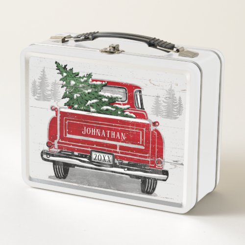 Vintage Red Truck with Christmas Tree Add Name Metal Lunch Box