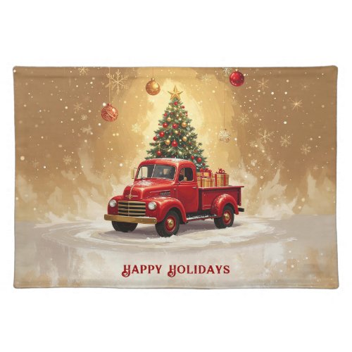 Vintage Red Truck with Christmas Tree and Gifts Cloth Placemat