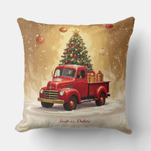 Vintage Red Truck with Christmas Tree and Gifts Throw Pillow