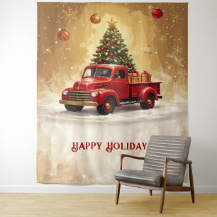 Vintage Red Truck with Christmas Tree Backdrop