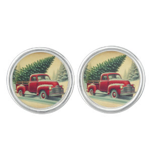 Vintage red truck with Christmas tree Cufflinks