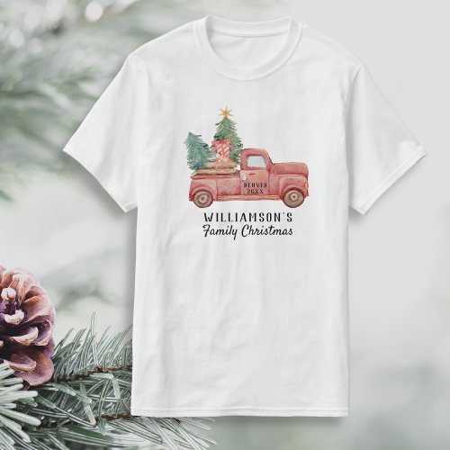 Vintage Red Truck With Christmas Tree Custom Text T_Shirt
