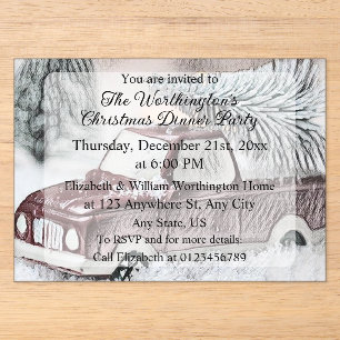 Vintage Red Truck with Christmas Tree drawing Acrylic Invitations