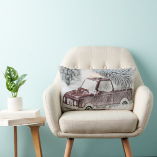 Vintage Red Truck with Christmas Tree drawing   Lumbar Pillow