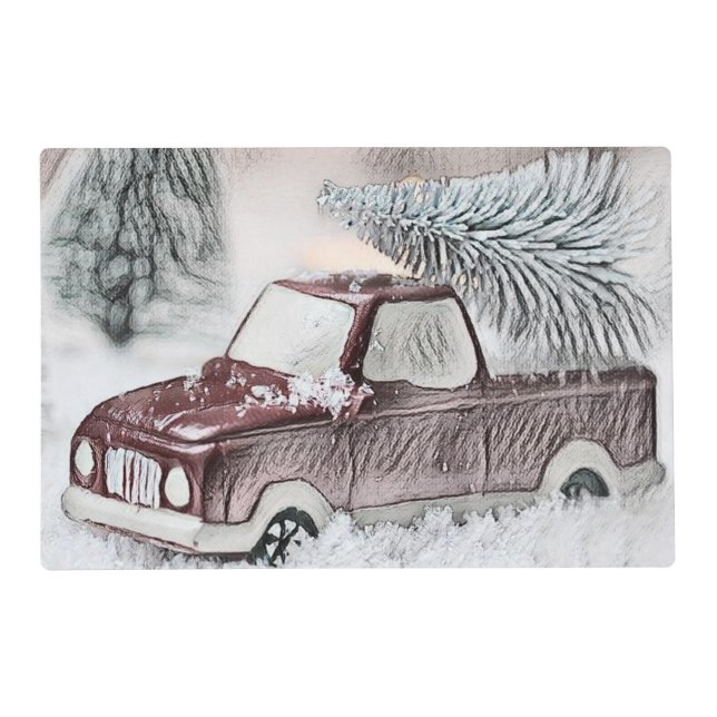 Vintage Red Truck with Christmas Tree drawing   Placemat (Front)