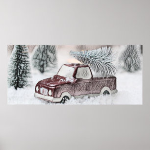 Vintage Red Truck with Christmas Tree drawing Poster