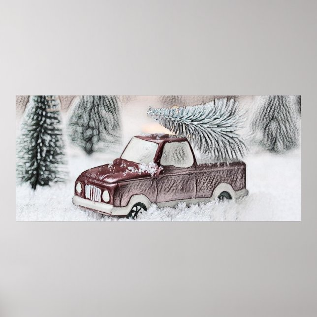Vintage Red Truck with Christmas Tree drawing  Poster (Front)