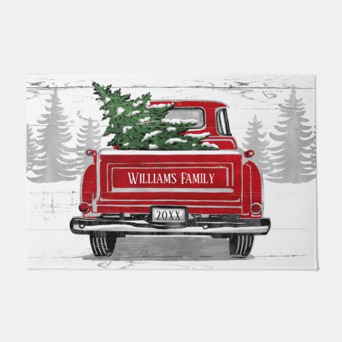 Vintage Red Truck with Christmas Tree Family Name Doormat