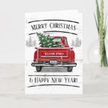 Vintage Red Truck with Christmas Tree Family Name Holiday Card<br><div class="desc">This personalized rustic holiday folded card features a vintage red truck with a Christmas tree. It reads "Merry Christmas & Happy New Year!" Personalize with your family name and year in a modern white font. Inside of the card has a greeting which you may leave as is or customize. Designed...</div>