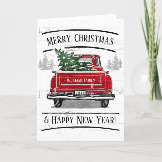Vintage Red Truck with Christmas Tree Family Name Holiday Card